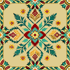 flower embroidery on cream background. ikat and cross stitch geometric seamless pattern ethnic oriental traditional. Aztec style illustration design for carpet, wallpaper, clothing, wrapping, batik