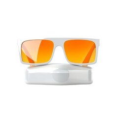 Isolated Stylish White Sunglasses with Orange Lenses and Case.