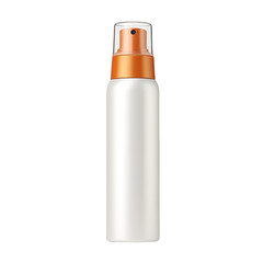 Isolated Sunscreen Spray Bottle with Pump and Orange Cap.