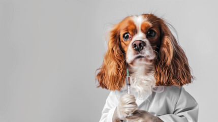A Cavalier King Charles Spaniel in a white coat with a syringe, symbolizing pet vaccinations