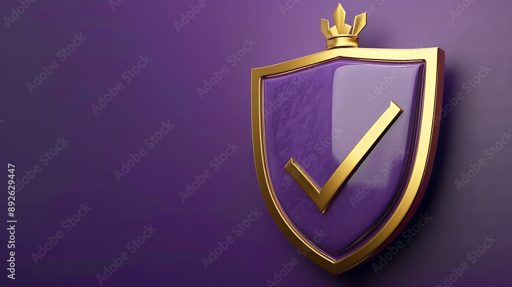 Poster shield with tickmark 3d rendering minimal wallpaper, background with big copy space