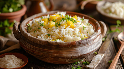 Close-up to a tasty soft rural bowl of white long rice with yellow delicious pequi fruit