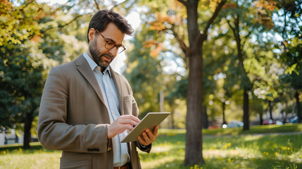 Fototapeta premium A businessman in a beige suit using a tablet while standing in a park, surrounded by trees and greenery.