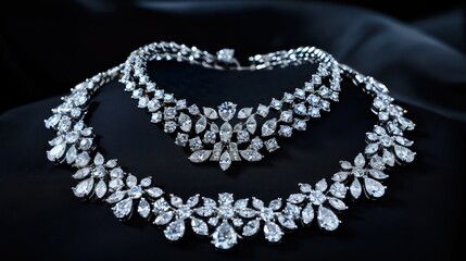 Diamond jewelry set against a dark background, emphasizing its brilliance and shine.