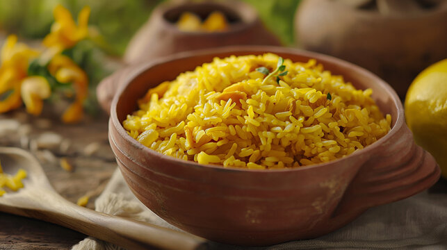 Close-up to a tasty soft rural bowl of white long rice with yellow delicious pequi fruit