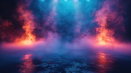 Fototapeta premium Dark blue background, an empty dark scene, neon light, spotlights The asphalt floor and studio room with smoke float up the interior texture.