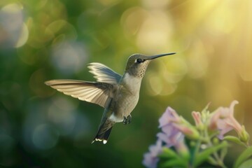 Naklejka premium A hummingbird is suspended in mid-air, its iridescent feathers glimmering as its wings beat at an incredible pace. The surrounding air is blurred, emphasizing the bird's rapid movement.