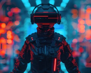 Naklejka premium Futuristic Soldier in VR Gear and Tactical Suit in Cyberpunk Environment..