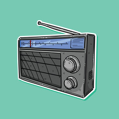 Vector poster for radio station with an old radio receiver and inscription Music radio on the background green. Radio broadcasting banner in retro style. Retro portable radio 