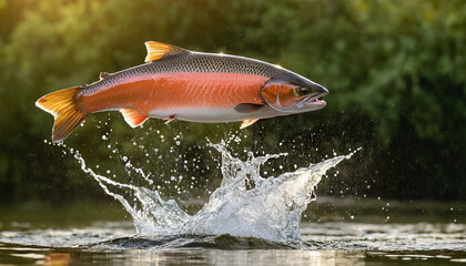Obraz premium A salmon leaps out of the water, its body illuminated by the setting sun. The river is surrounded by green foliage