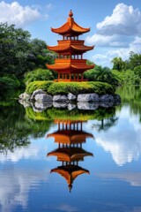 Naklejka premium Serene Reflection A Historic Chinese Pagoda Surrounded by Natures Beauty at a Tranquil Lake