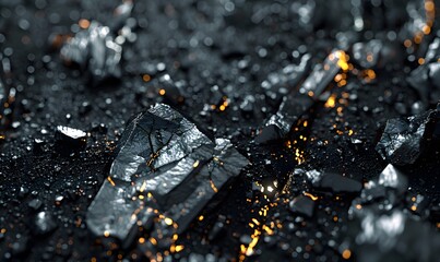 An intricate macro image of coal and gold ore, highlighting the metallic sparkle and earthy contrast. The vibrant, reflective surfaces create a unique, eye-catching backdrop.