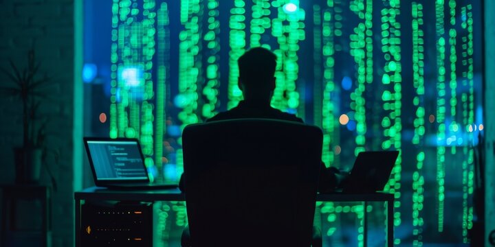 Late Night Programmer: Silhouette of Coder Working on Laptop in Dark Office. Online Software Developer Tackling Cybersecurity Binary Code. Green Digital Encryption Symbolizing Overtime Labor and Hacke