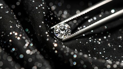 Close-up of a diamond in tweezers on black fabric, top view, with ample space for text, perfect for business ads