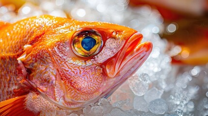 Close-up of a fresh fish with glistening scales, vibrant colors, and bright eyes on crushed ice, emphasizing its freshness