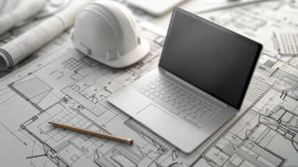 A laptop is on top of a drawing of a building