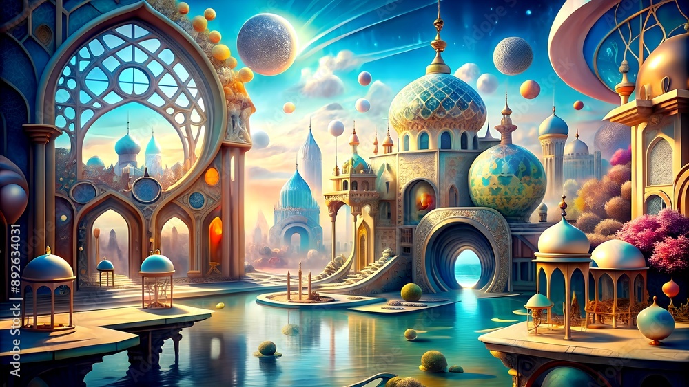 Poster A World of Imagination: A whimsical architectural illustration featuring fantastical structures and geometric patterns. Generative Artificially generated