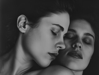 Sensual portrait of two women, black and white