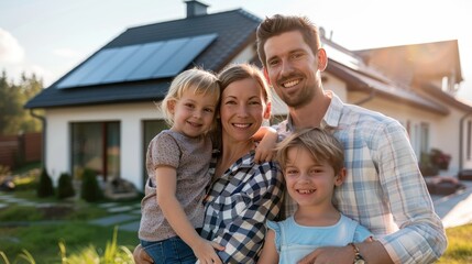 Fototapeta premium Happy family of four standing in front of their photovoltaic-powered home.