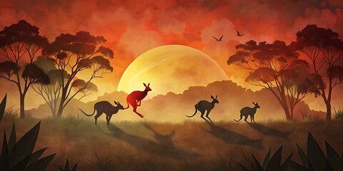 Kangaroos Hopping at Sunset as Wallpaper or Poster Design