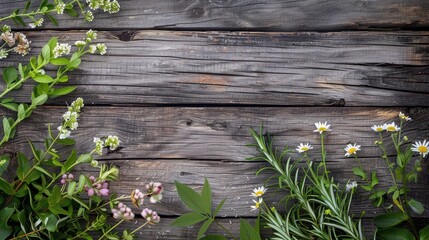 Herbal Medicinal Plants on Rustic Wood Background