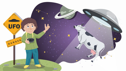 Naklejka premium A little boy with a camera stands next to a warning sign against the background of a UFO that kidnaps a cow flat illustration