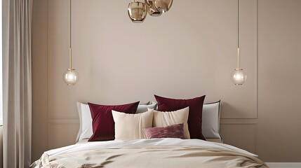 Elegant Bedroom Decor with Burgundy Throw Pillows: Minimalist Design, Beige Walls, Brass Light Fixtures, Modern Interiors, Trendy Style, Cozy and Inviting Space, High-End Finishes