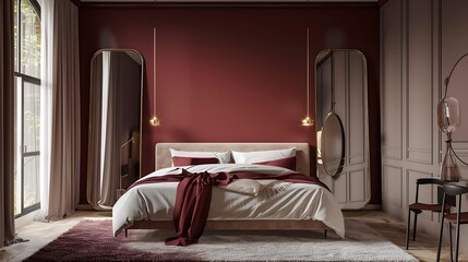 Elegant bedroom interior in maroon and beige with brass-accented mirrors, showcasing stylish and trendy minimalist design elements.