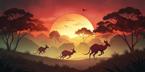 Kangaroos Hopping at Sunset as Wallpaper or Poster Design