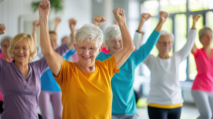 Fototapeta premium Group of joyful senior women participating in an energetic exercise class, smiling and raising their arms in celebration