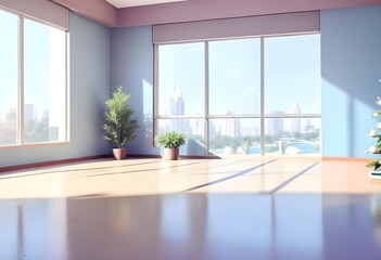Fototapeta premium aseptic neutral blue and white luxuty loft in a skyscraper, huge windows with a breathtaking view over the city skyline, single potter plant, elegant, evergreen, empty space, vector