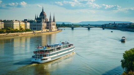Naklejka premium River cruise boat sailing past historic landmarks and scenic waterfronts