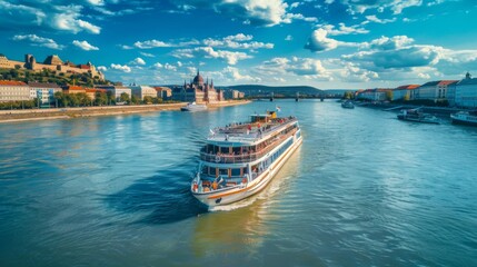 Naklejka premium River cruise boat sailing past historic landmarks and scenic waterfronts