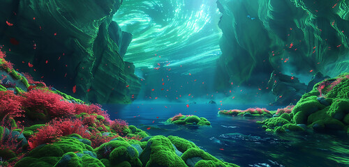 Cyan auroras cast glow on moss-green cliffs and cobalt lakes, with fluorescent scarlet foliage.