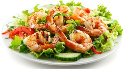 Fresh salad with grilled shrimp and mixed vegetables, isolated on a white background, capturing a healthy seafood dish