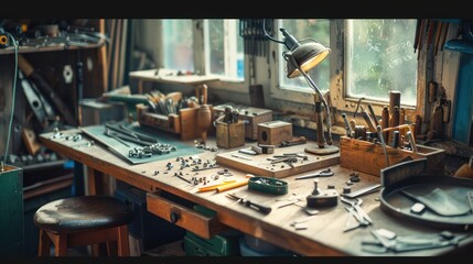 Jewelry repair workshop with tools and equipment on a workbench.