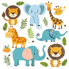 Fototapeta premium Cute jungle animal illustrations featuring elephants, lions, and giraffes with leafy accents, perfect for kids' decor and educational materials.