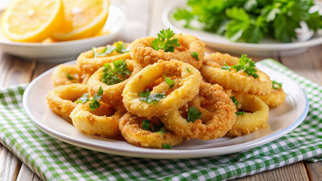 Crunchy fried calamari rings served on a plate in a restaurant, garnished with lemon wedges and sprinkled with parsley on a white tablecloth.