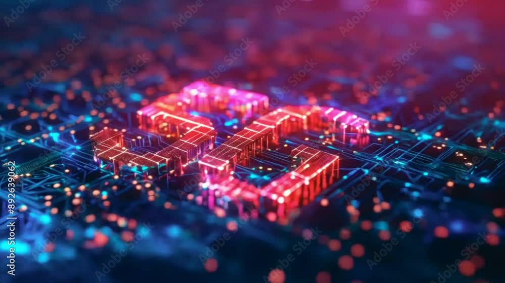 Poster 5g network technology symbol on circuit board. a close-up of a 5g symbol constructed from glowing re