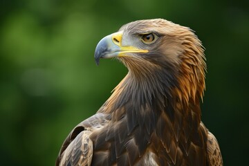 Naklejka premium Close-up portrait of a majestic golden eagle. A powerful and emblematic bird of prey with a fierce gaze. Sharp beak. And elegant feathers. Showcasing its strength and noble nature in the natural world