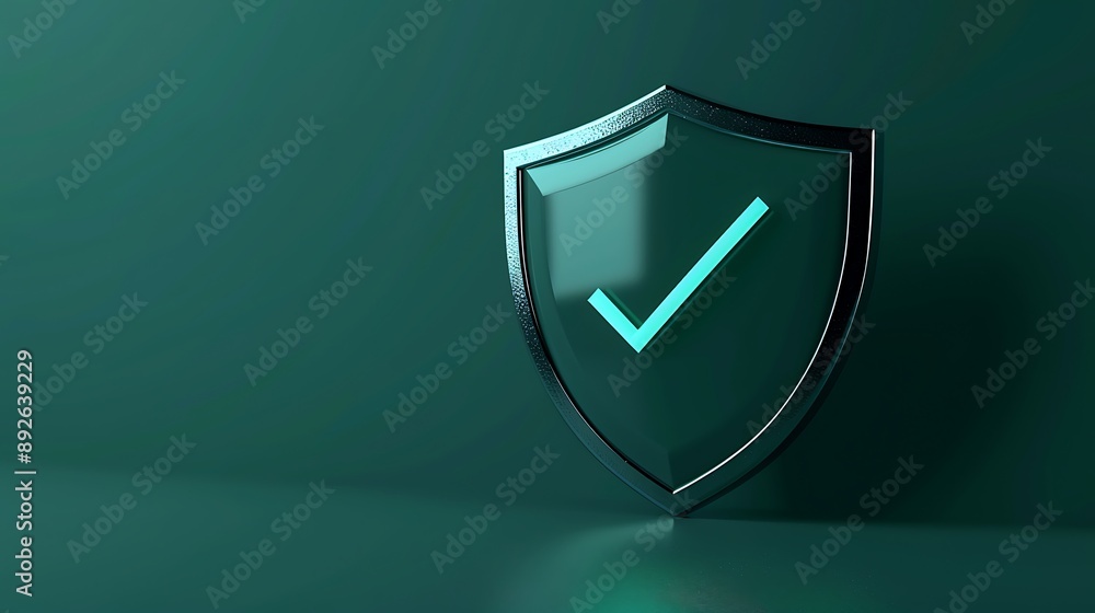 Poster shield with tickmark 3d rendering minimal wallpaper, background with big copy space