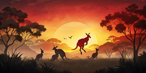 Kangaroos Hopping at Sunset as Wallpaper or Poster Design