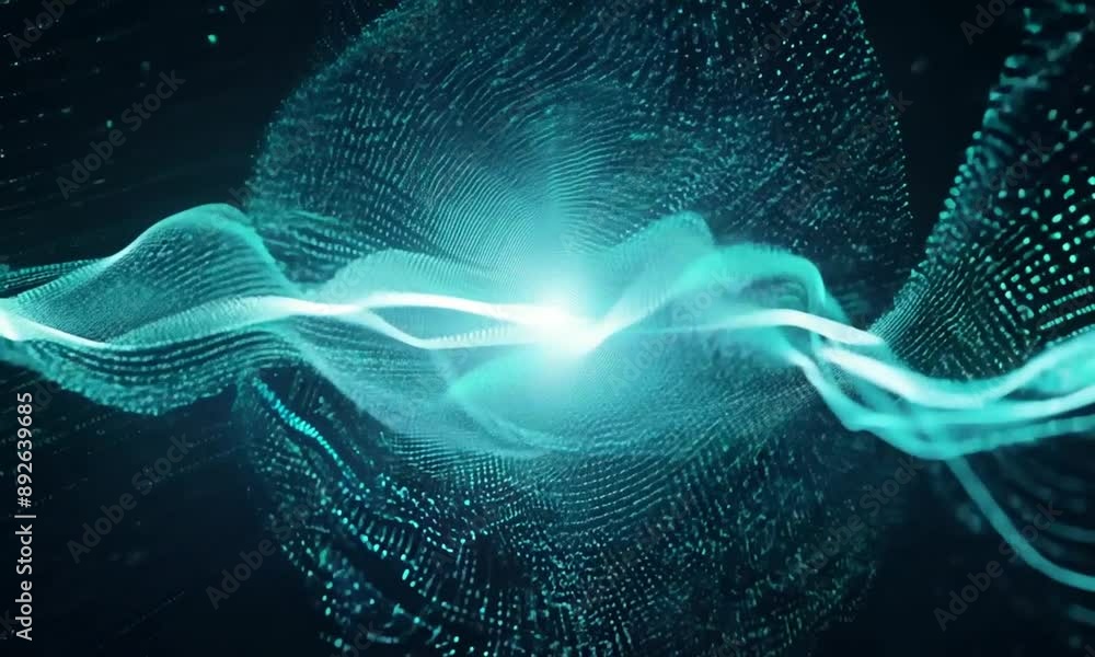 Poster abstract digital waves with glowing particles create a futuristic and mesmerizing green pattern, res