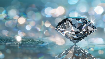 Macro shot of a single diamond isolated on a reflective surface, capturing its brilliance.