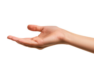 An empty, cupped hand extended forward, suggesting a welcoming, helping, or inviting gesture, emphasizing simplicity and connection.