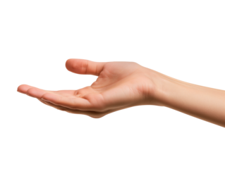 An empty, cupped hand extended forward, suggesting a welcoming, helping, or inviting gesture, emphasizing simplicity and connection.