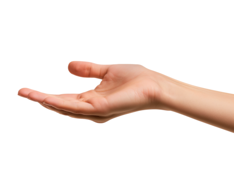 An empty, cupped hand extended forward, suggesting a welcoming, helping, or inviting gesture, emphasizing simplicity and connection.