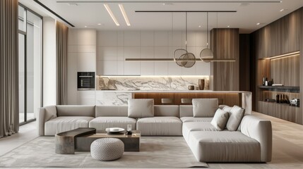 Modern open-plan kitchen and living room with minimalist decor.