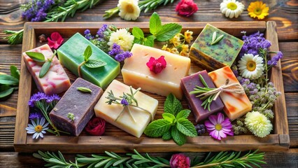 A collage of handmade soaps in various colors and scents, displayed on a wooden tray with fresh flowers and herbs around them.