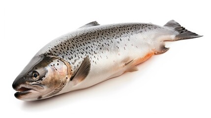 Fototapeta premium Isolated raw salmon in mid-fall on a white background, highlighting its freshness and detailed scales